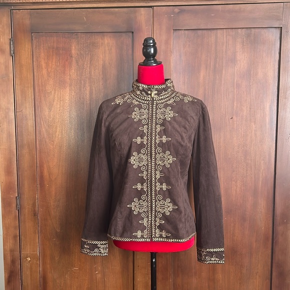Vintage Chocolate Brown Microsuede Embroidered Jacket PM - Picture 3 of 11